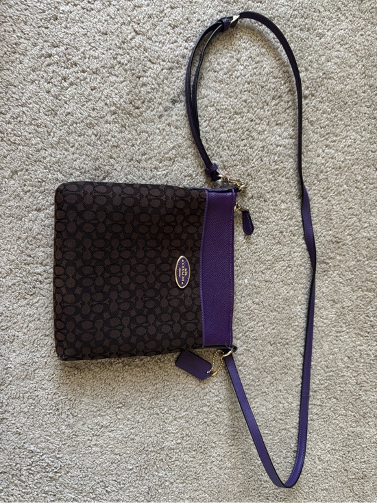 Coach Handbags - Coach Brown Signature Crossbody with Purple Trim